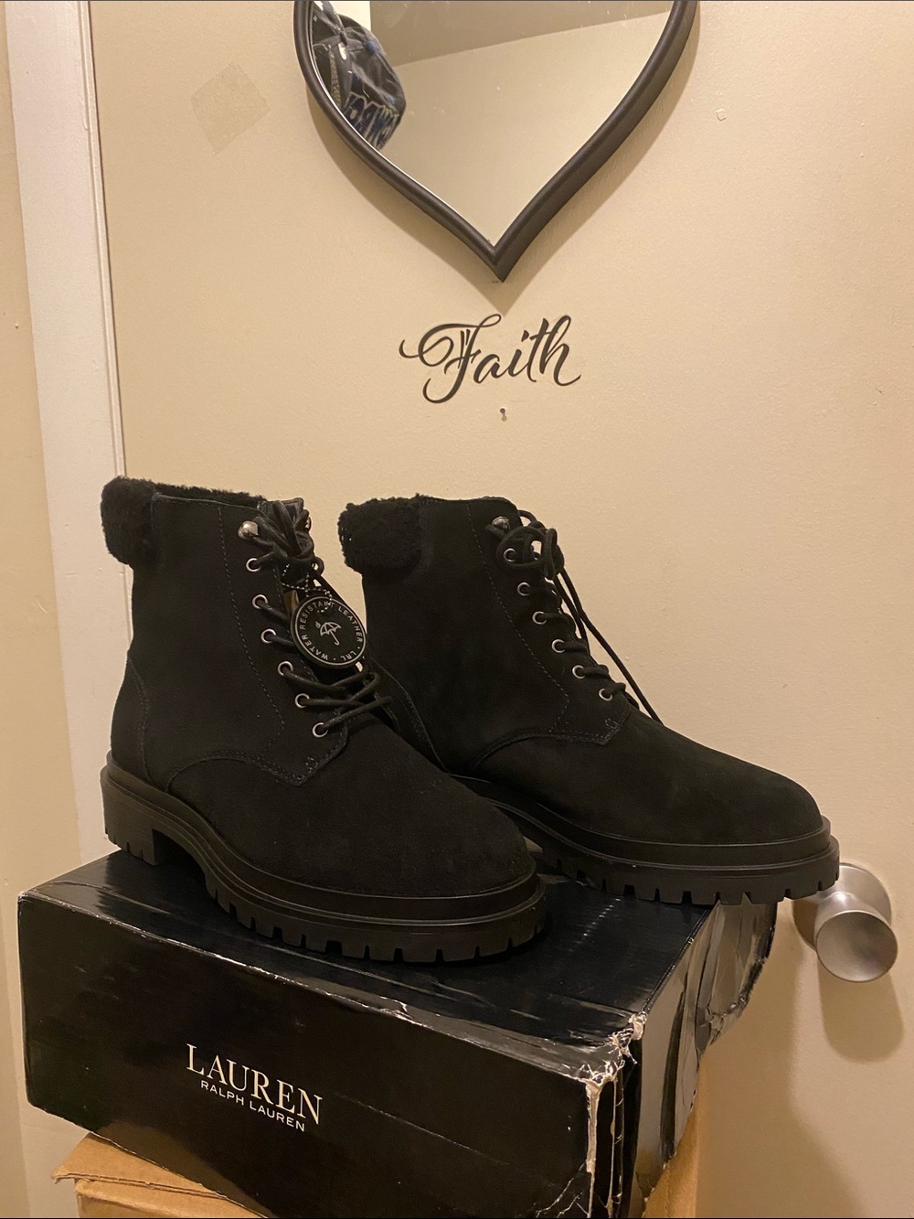 Lauren Ralph Lauren Carlee Black Suede Fur-Trim Lace-Up Boots. 8.5